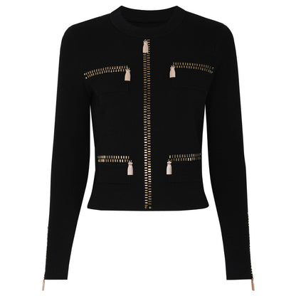 Spring Autumn Rhinestone Knitted Net Red Casual Jacket Pants Two Piece Sets by Ragazza