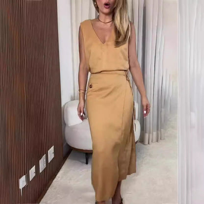 V Neck Sleeveless Irregular Asymmetric Lace Up Slim Dress Faux Two Piece Split Women Clothing by Ragazza