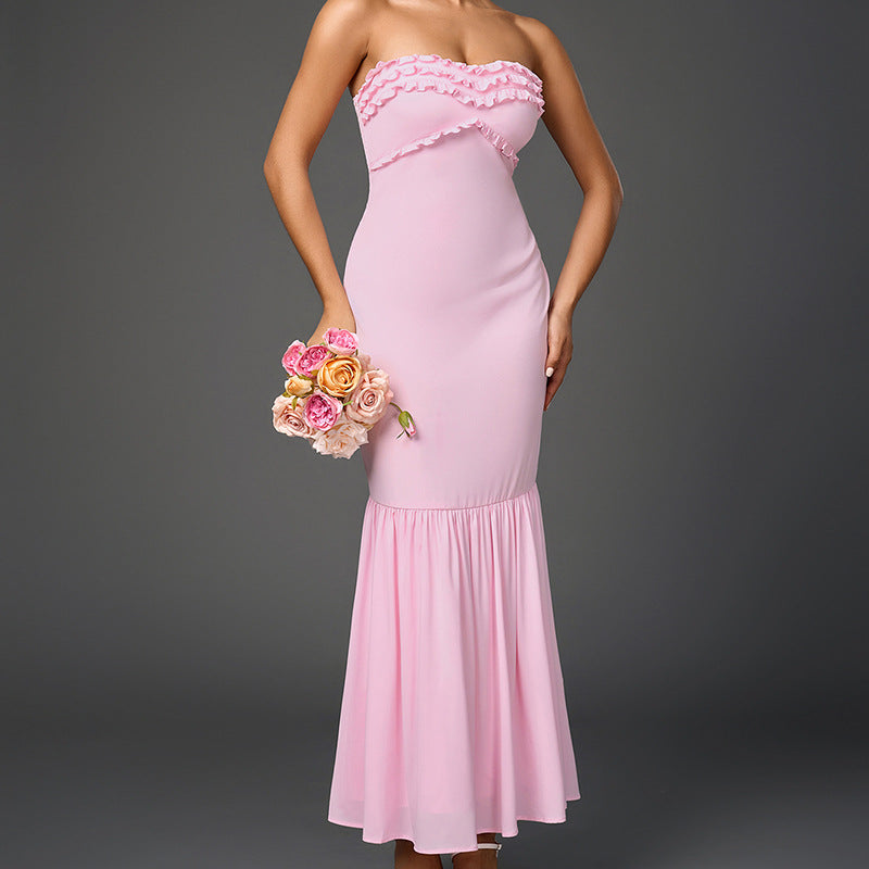 Chiffon Tube Top Dress Sexy Backless Wooden Ear Smocking Stitching Hip Dress by Ragazza