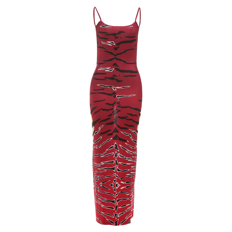 Fall Women Clothing Printed Sexy Backless Spaghetti Straps Sheath Split Dress by Ragazza