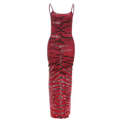 Fall Women Clothing Printed Sexy Backless Spaghetti Straps Sheath Split Dress by Ragazza