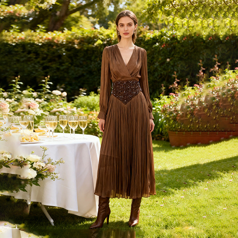Elegant Long Sleeve Solid Color Diamond Dress Autumn High Grade Waist Slimming Dress Women by Ragazza