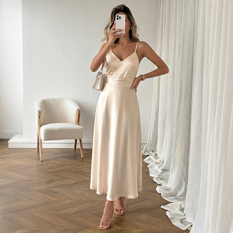 Simple Elegant Champagne Satin V neck Strap Dress by Ragazza