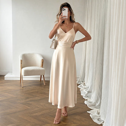 Simple Elegant Champagne Satin V neck Strap Dress by Ragazza