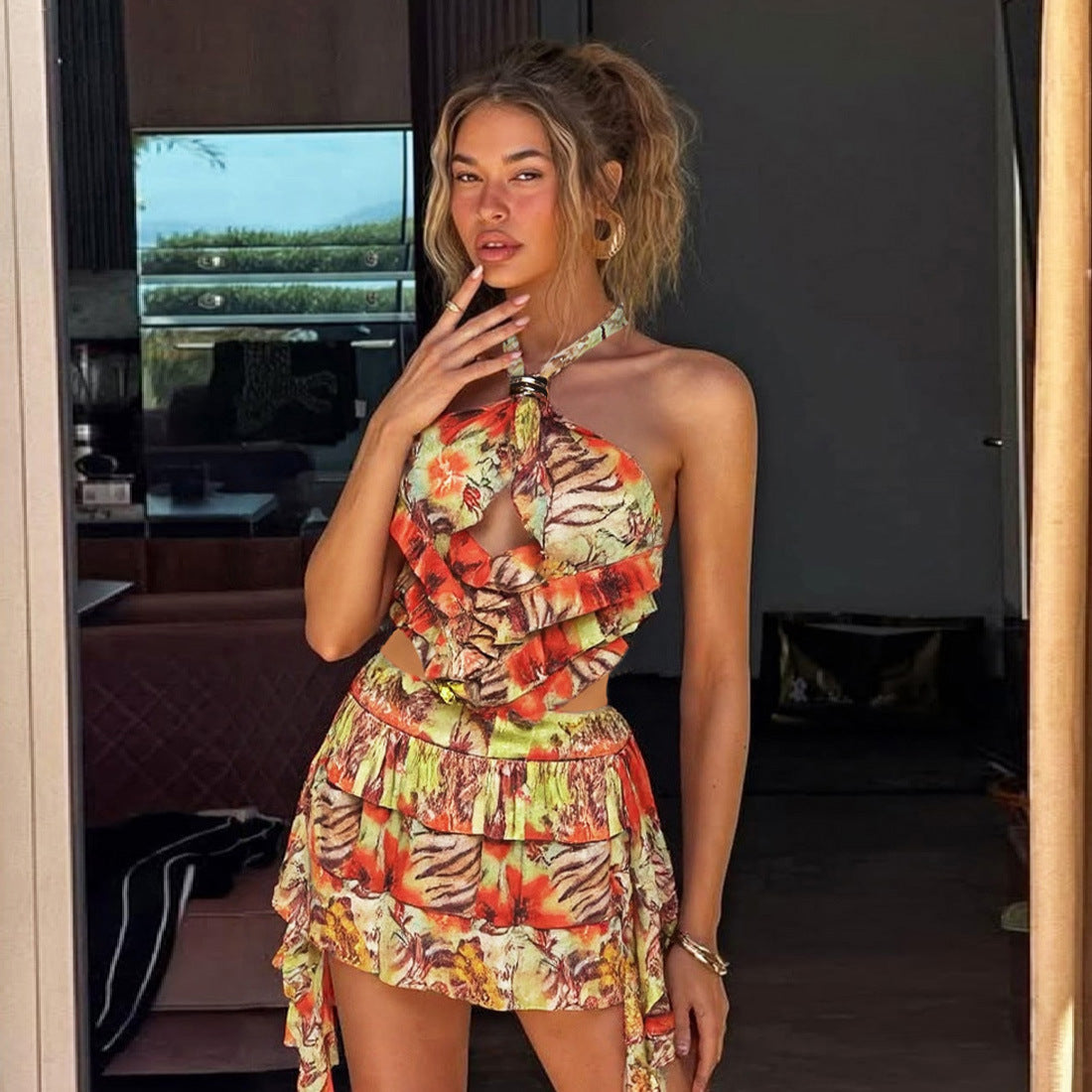 Summer Women Clothing Sexy Halter Lace up Backless Short Printing Dress by Ragazza