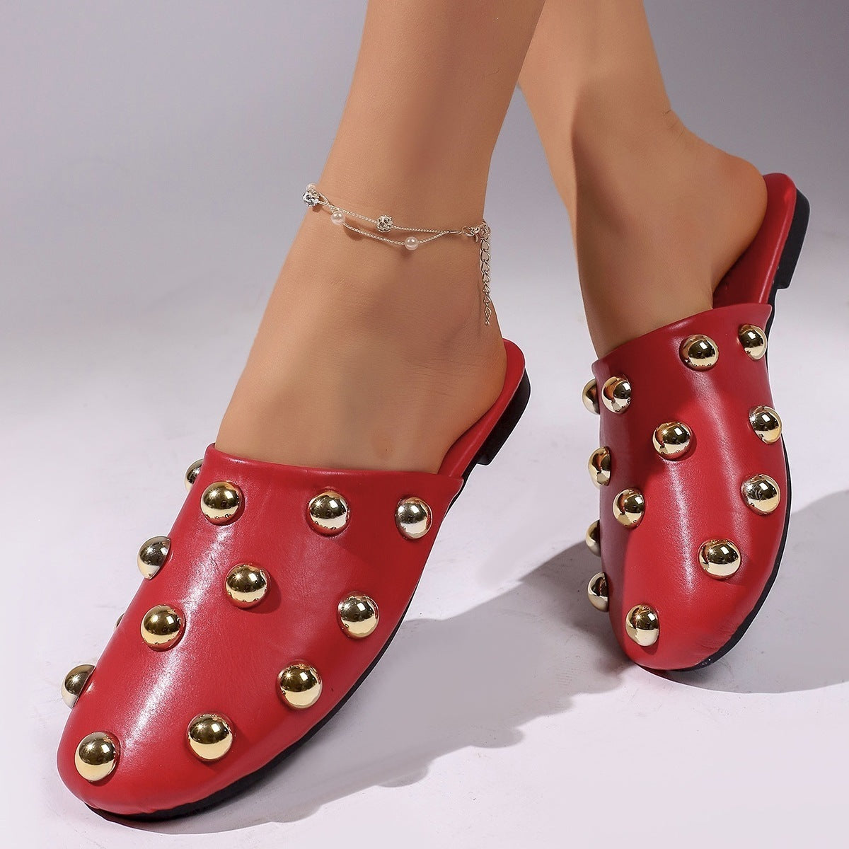 Summer Metal Rivet Half Support Flat Slippers Women Lazybones Outdoor Toe Cap Mules Shoes  DestGlow