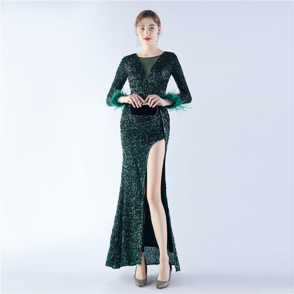 Handmade Sequin Craft Order Ostrich Feather Long Sleeve Evening Dress by Ragazza