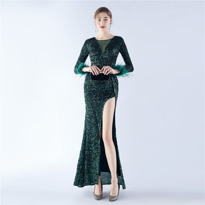 Handmade Sequin Craft Order Ostrich Feather Long Sleeve Evening Dress by Ragazza