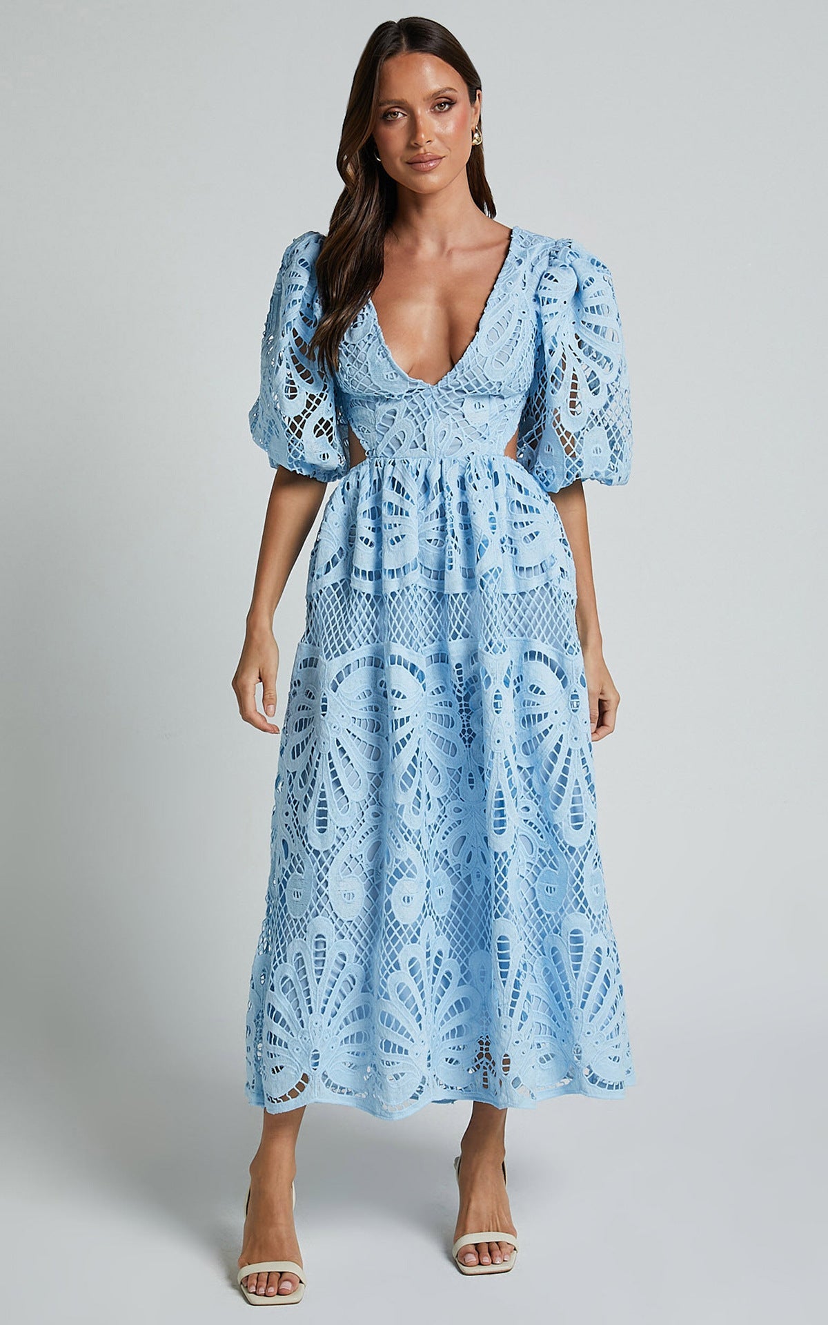 Women Clothing Hollow Out Cutout out Dress Summer V neck Lace Embroidery Sexy Waist Baring Dress by Ragazza