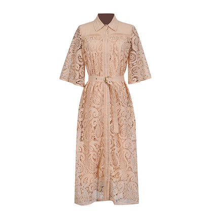 Retro Casual Elegant Dress Autumn Polo Collar Lace Hollow Out Cutout High Waist Bell Sleeve Maxi Dress Women by Ragazza