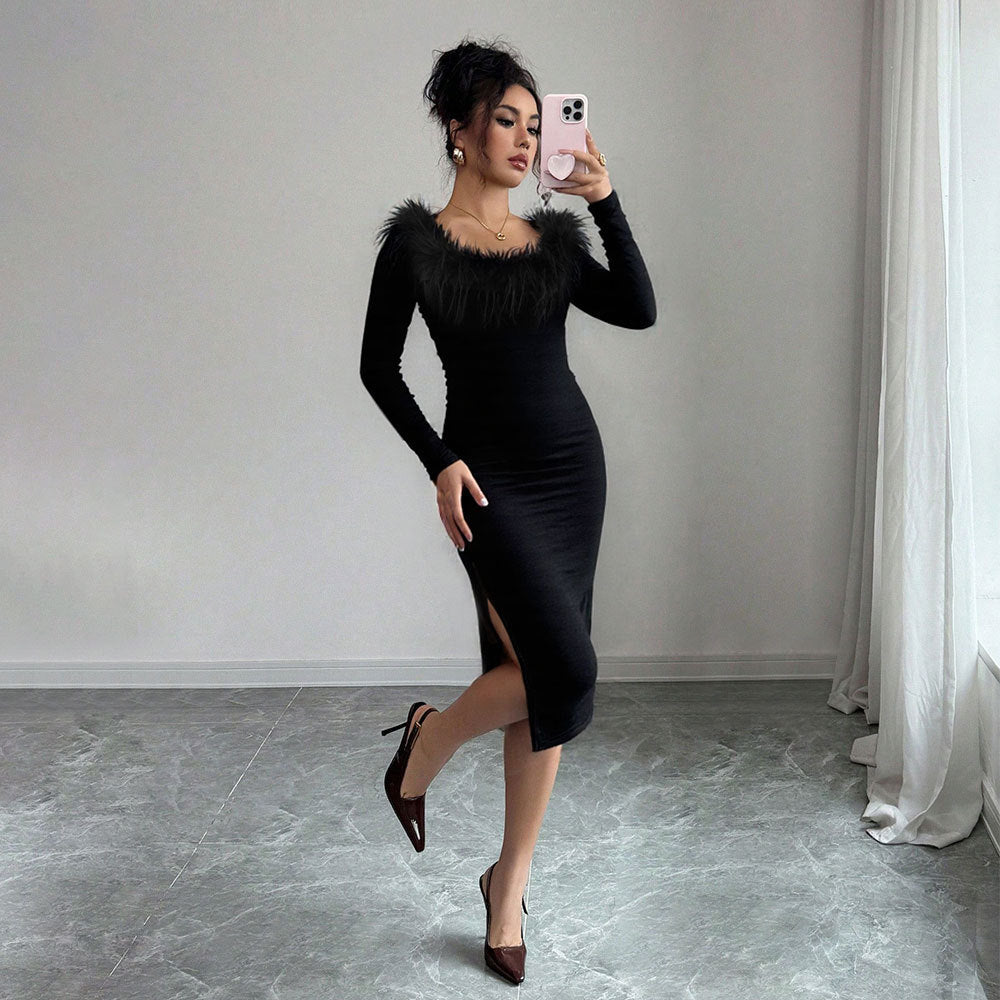 Black Plush Neckline Dress Women Fall Winter Slim Maxi Dress Side Slit Elegant Dinner Dress by Ragazza