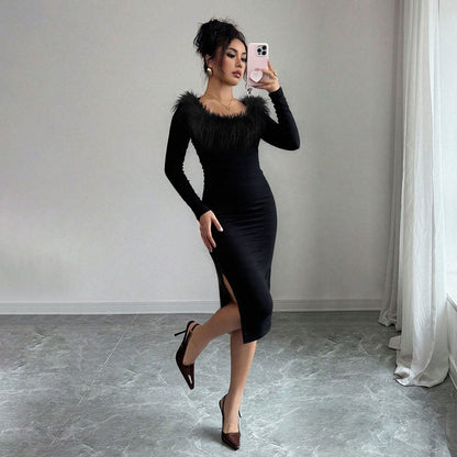 Black Plush Neckline Dress Women Fall Winter Slim Maxi Dress Side Slit Elegant Dinner Dress by Ragazza