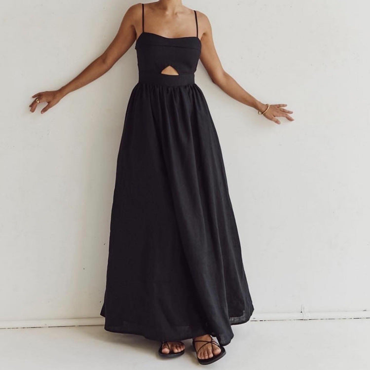 Black Breathable Sling High Waist French Dress Spring Autumn Holiday Long Dress Women by Ragazza