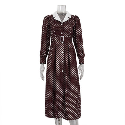 Women Clothing Elegant Polka Dot Dress Collared Long Sleeve Single Breasted High Waist Office Dress by Ragazza