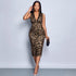 Slim Fit Leopard Print Sleeveless High Waist Sheath Elegant Deep V Plunge neck Dress by Ragazza