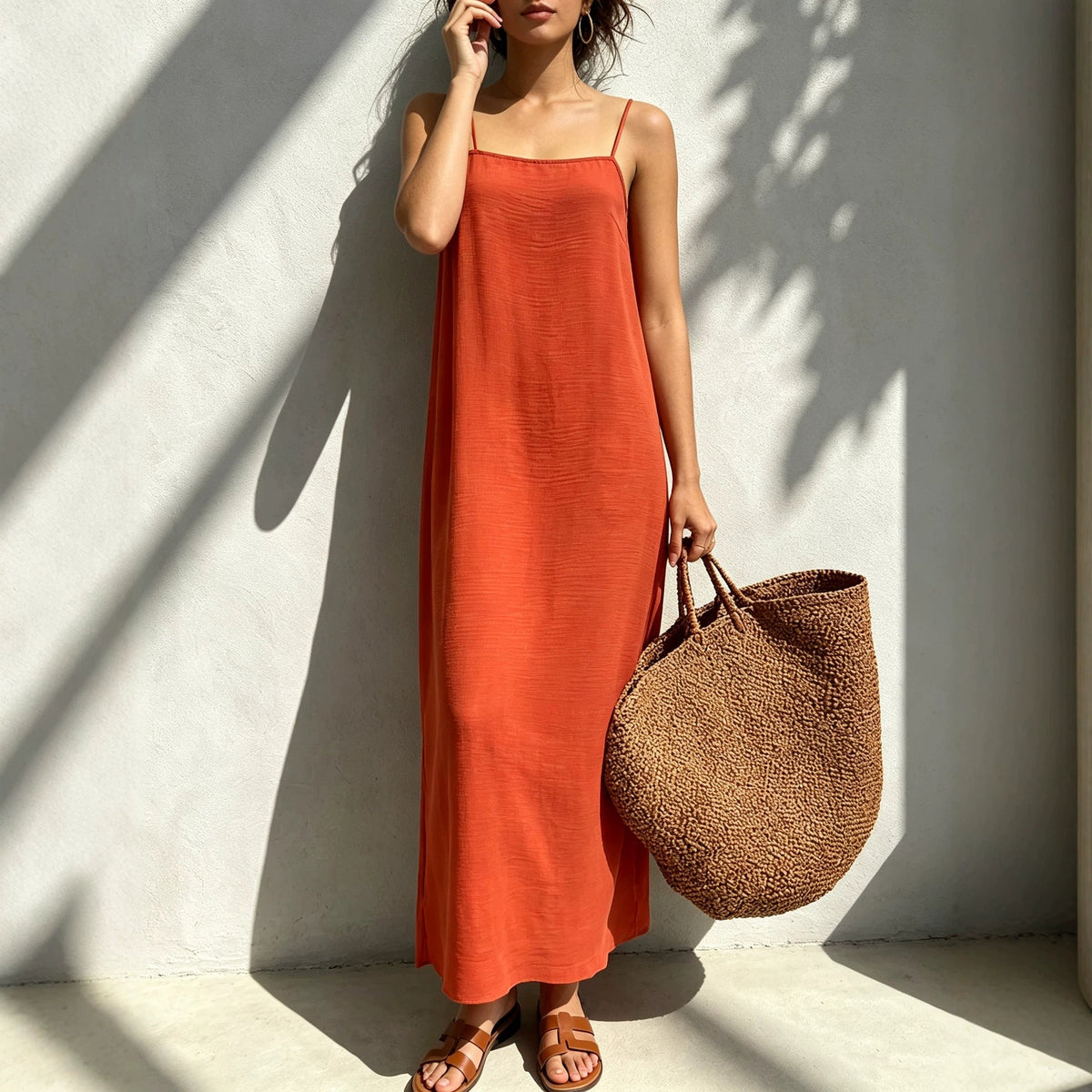 Square Collar Adjustable Shoulder Strap Dress French Lazy Casual Side Slit Summer Cami Dress  DestGlow
