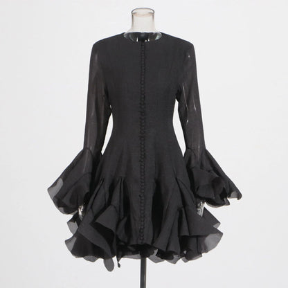 Spring Ruffles Design Waist Tight Slimming Flared Sleeves Dress Women by Ragazza