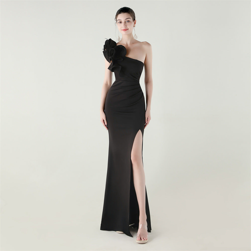 One Shoulder Craft Wave the Craft of Design Gross Satin High Slit Sexy Evening Dress Dinner Party Wedding Social Networking by Ragazza