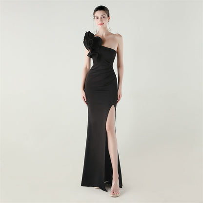One Shoulder Craft Wave the Craft of Design Gross Satin High Slit Sexy Evening Dress Dinner Party Wedding Social Networking by Ragazza