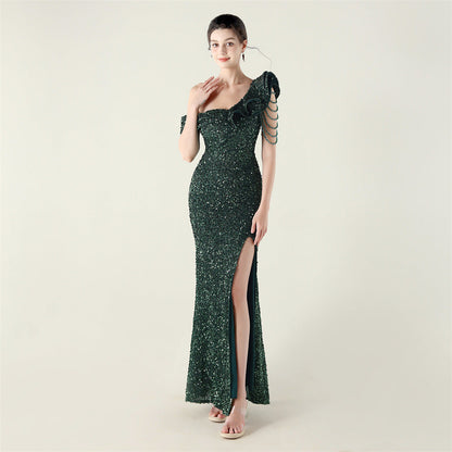 One Shoulder Pleated Ruffled Embellished Beaded Chain Sequined Evening Dress Cocktail Wedding Red Carpet by Ragazza