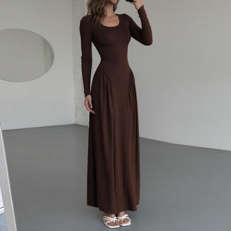 Women Autumn French U Shaped Collar Solid Color Long Sleeve Tied Waist Slimming Dress by Ragazza