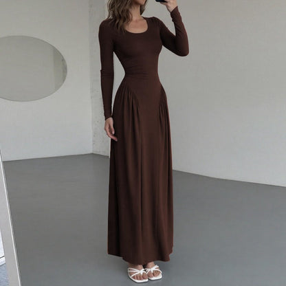 Women Autumn French U Shaped Collar Solid Color Long Sleeve Tied Waist Slimming Dress by Ragazza
