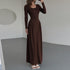 Women Autumn French U Shaped Collar Solid Color Long Sleeve Tied Waist Slimming Dress by Ragazza
