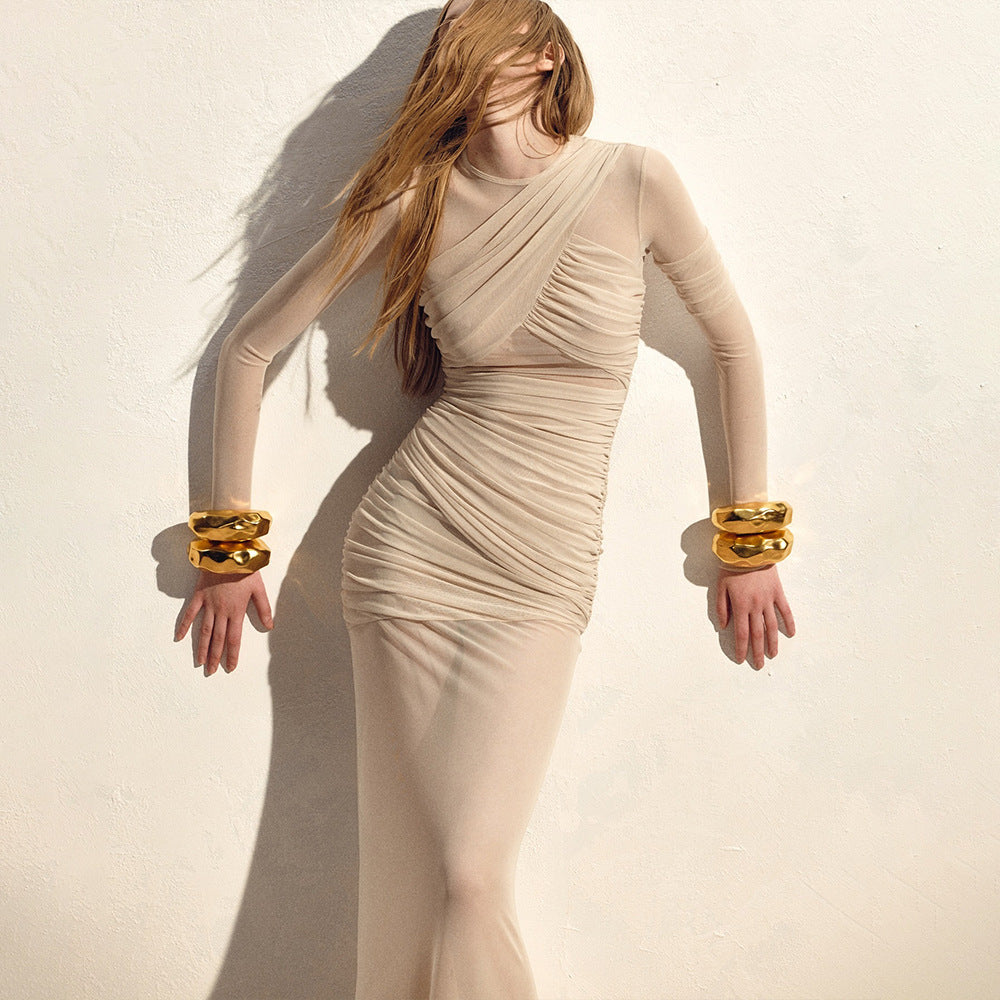 Sexy Mesh See through Maxi Dress Long Sleeve Sexy Pleated Slim Fit Dress by Ragazza