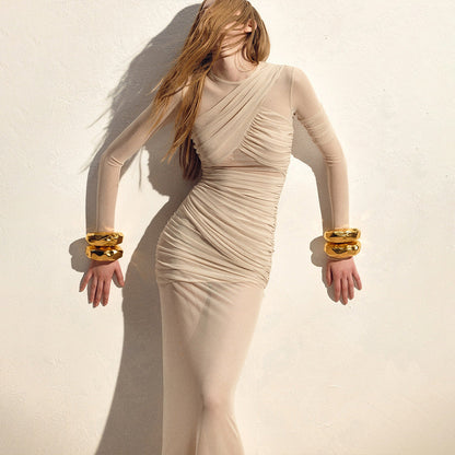 Sexy Mesh See through Maxi Dress Long Sleeve Sexy Pleated Slim Fit Dress by Ragazza