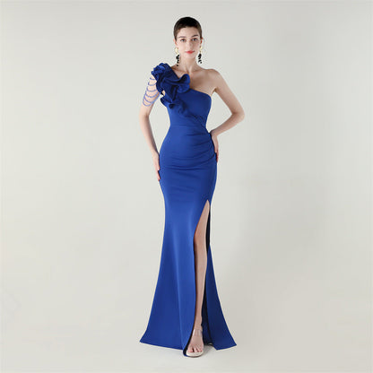 One Shoulder Craft Beading Wave Floral Satin High Slit Sexy Evening Dress Dinner Party Wedding Social by Ragazza