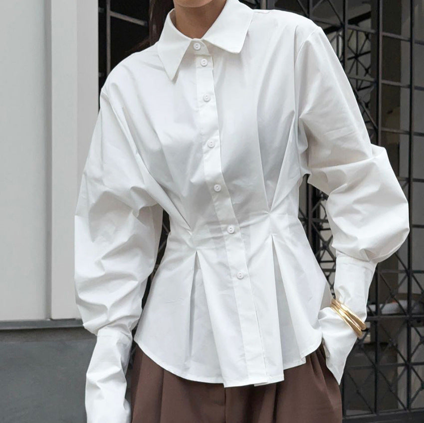 Court White Cotton Shirt Women Light Luxury Pleat Waisted Slim-Fit Long-Sleeved Collared Shirt by Ragazza