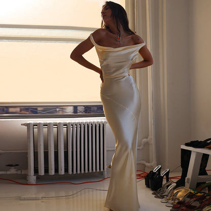 Women off Shoulder Dress Sexy Backless Satin Dress Light Luxury Dress Elegant Fishtail by Ragazza