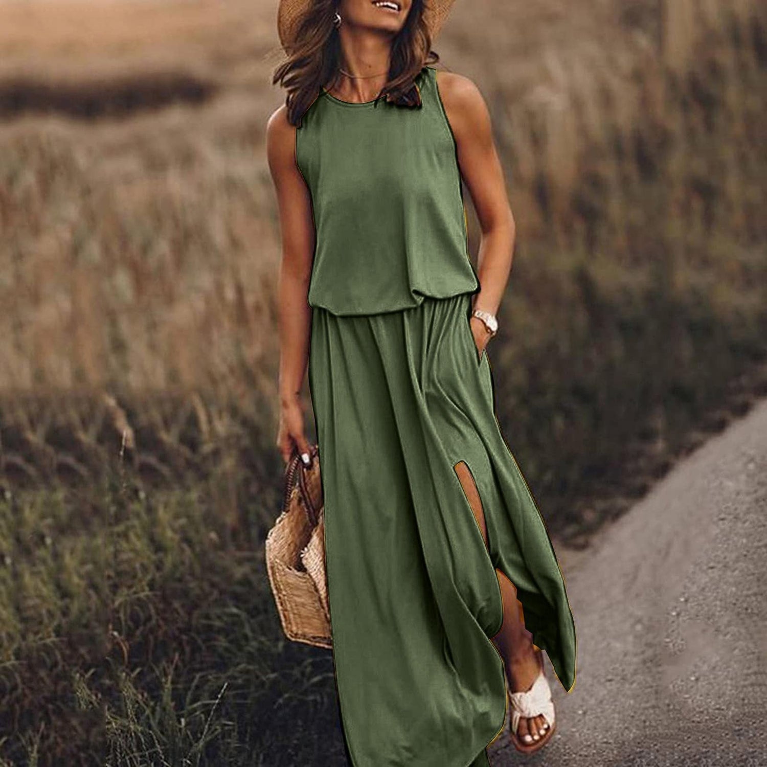 Spring Summer Women Clothing round Neck Sleeveless Dress Split Solid Color Casual Office Dress by Ragazza