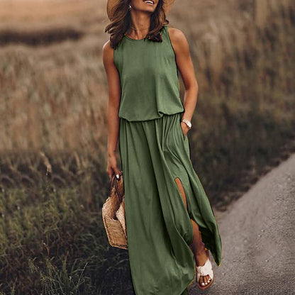 Spring Summer Women Clothing round Neck Sleeveless Dress Split Solid Color Casual Office Dress by Ragazza