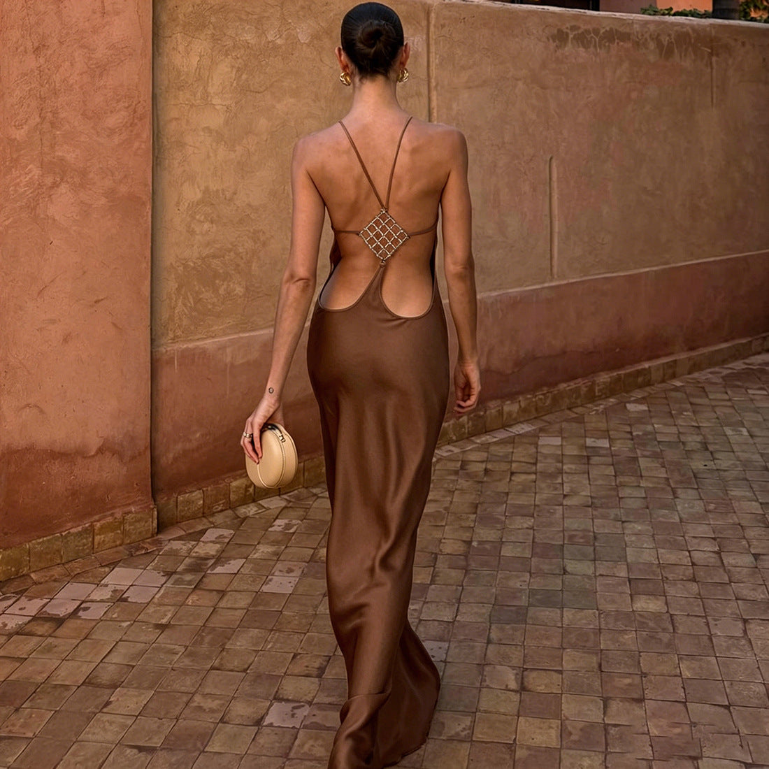 Spring Women Solid Color Irregular Asymmetric Sexy Slim Fit Backless round Neck Sheath Dress for Women by Ragazza
