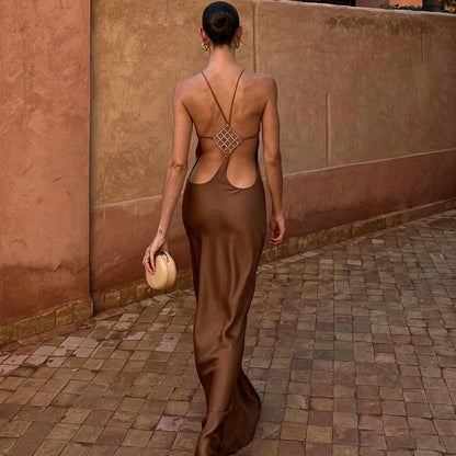 Spring Women Solid Color Irregular Asymmetric Sexy Slim Fit Backless round Neck Sheath Dress for Women by Ragazza