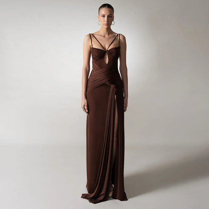 Dress Sexy Slim Fit Maxi Dress Backless Brown Pleating Ribbon Dress by Ragazza