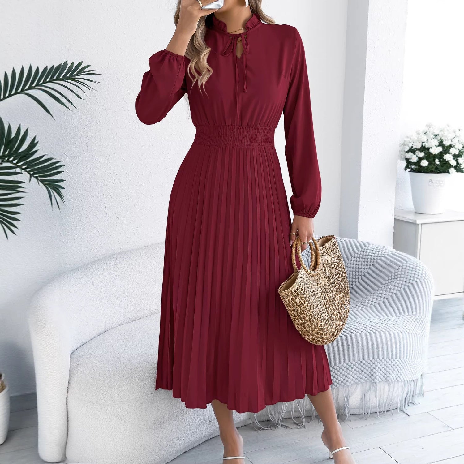 Women Clothing Spring Summer Elegant Lace up Lantern Sleeve Long Pleated Dress by Ragazza