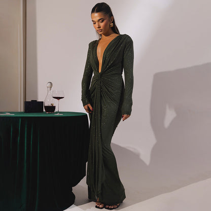 Sexy Slim Fit Deep V Plunge neck Dress Pleated Lace up Long Sleeve Sheath by Ragazza