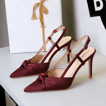 Cocktail Satin Bow Stiletto Heel High Heel Shoes Pointed Shallow Mouth Back Empty Closed Toe Shallow Mouth Pumps  DestGlow