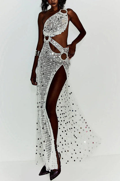 Spring Summer Sequined Sloping Shoulder Dress Holiday Sexy Loose Women Dress  DestGlow