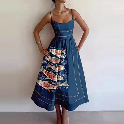 Spring Women Clothing Printing Pleated Waist Tight Large Swing Sling Dress by Ragazza