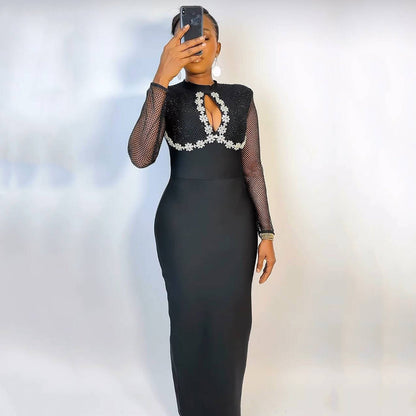 Long Sleeve Net Drill Stitching Hollow Out Cutout Bandage One Piece Dress Ladies Cocktail Party Evening Dress by Ragazza