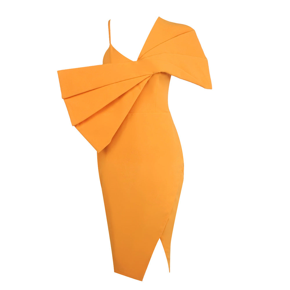 Asymmetric Design Yellow Dress One Shoulder V neck Split Waist Fitted Mid Length Dress by Ragazza