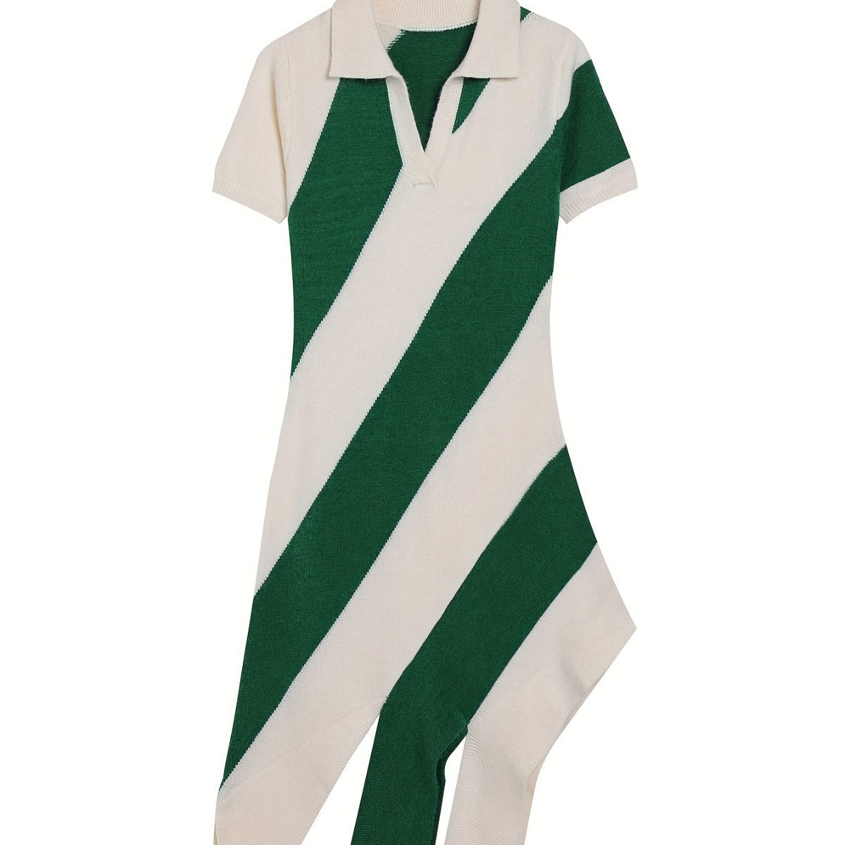Slim Fit Knitted Dress Collared Polo Collar Tassel Striped Color Matching Personality Short Sleeve Dress by Ragazza