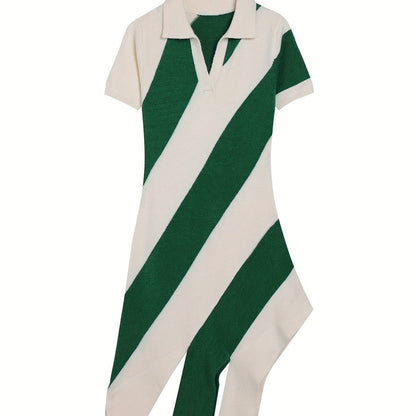 Slim Fit Knitted Dress Collared Polo Collar Tassel Striped Color Matching Personality Short Sleeve Dress by Ragazza