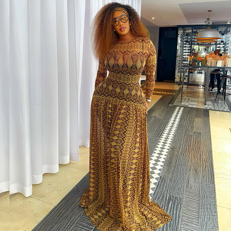 Elegant Retro Women Waist Slimming Micro Transparent A line Printing round Neck Long Sleeved Dress by Ragazza