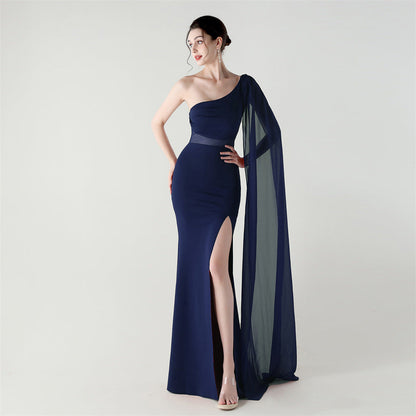 Single Shoulder Crossbody Stitching Mesh Design Satin Slim Cocktail Dress Evening Dress by Ragazza