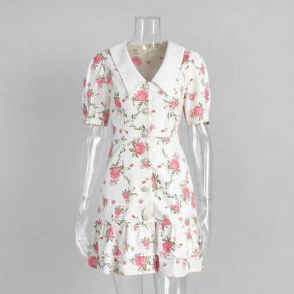 French V neck Puff Sleeve Dress Summer Waist Trimming Printing Short Dress Ruffled Dress by Ragazza