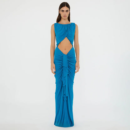 Elegant Stitching Sexy Dress Blue Hollow Out Cutout High Waist Slim Fit Dress Women by Ragazza